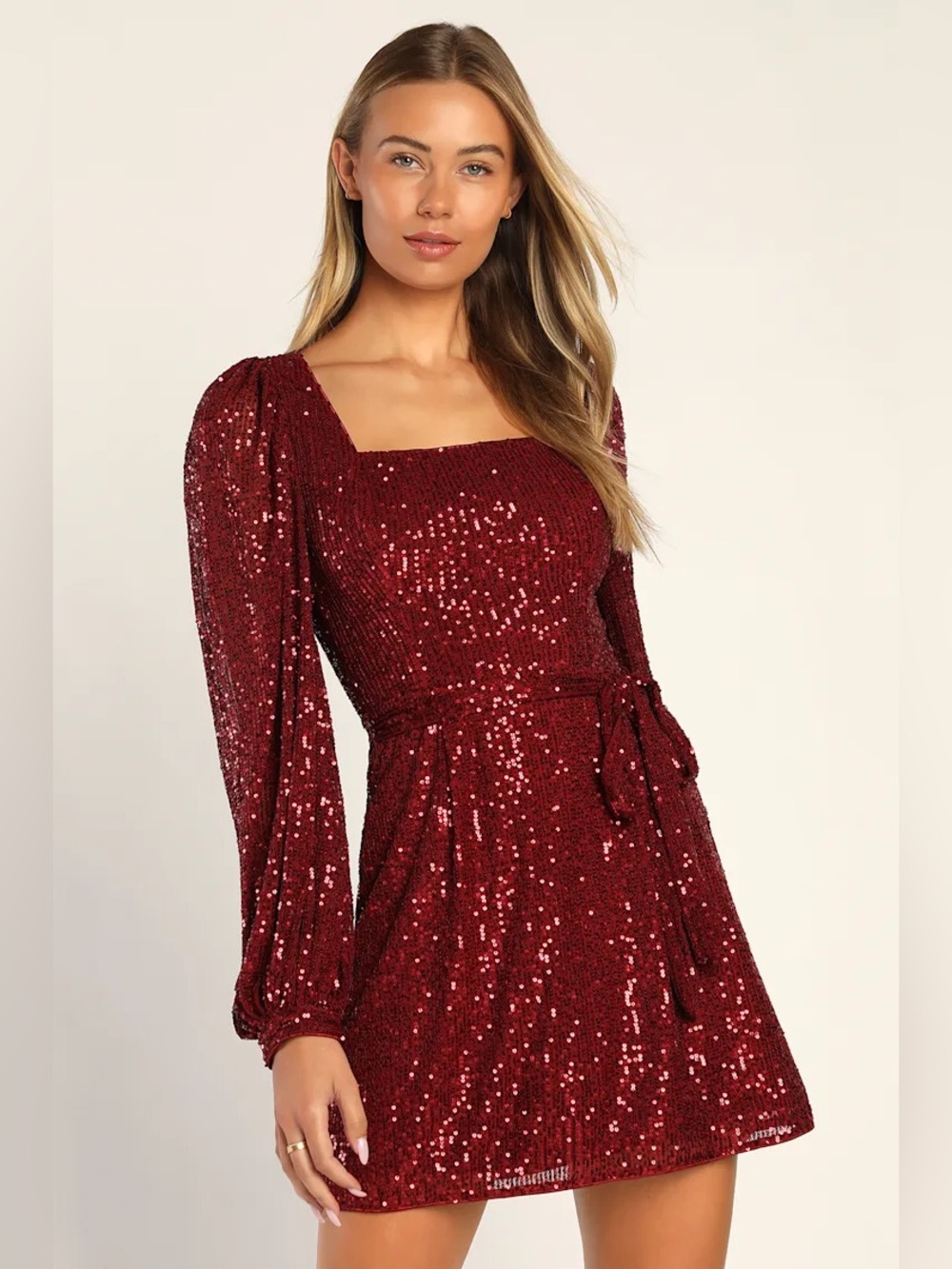 Lulu's Festive Mood Wine Red Sequin Long Sleeve Mini Dress (XS)